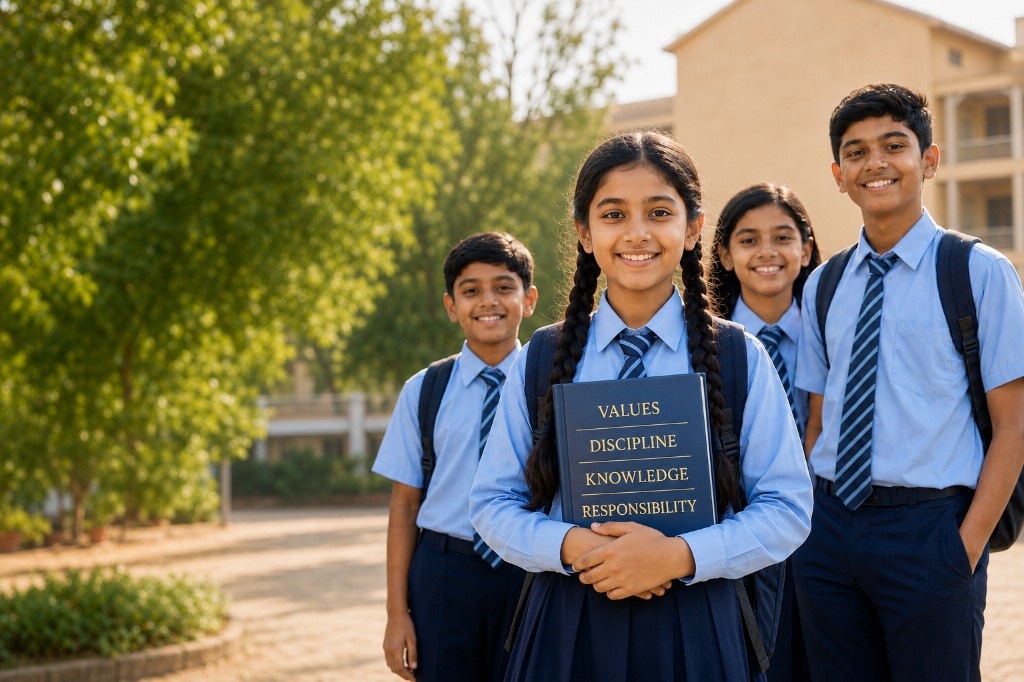 Christ Mission School students in uniform on campus with values of discipline, knowledge, and responsibility