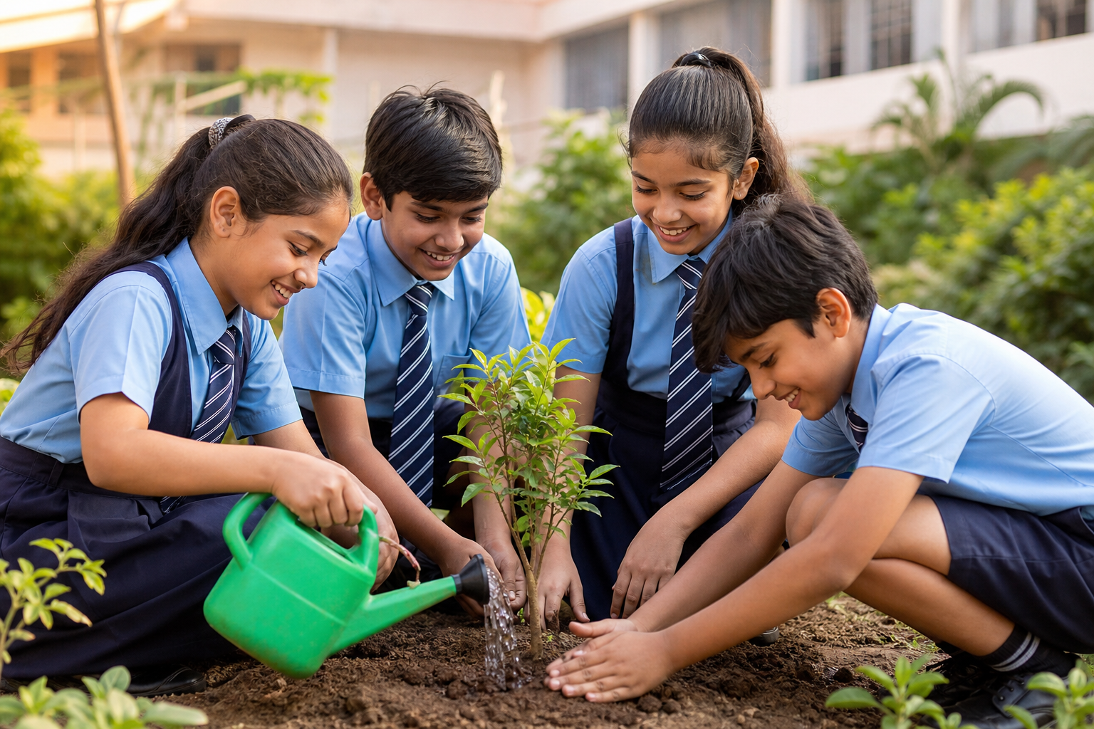 Students planting a sapling together at Christ Mission School