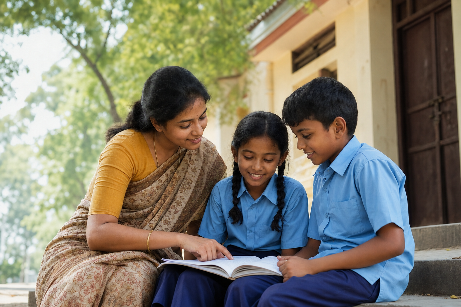 Teacher helping two students read at Christ Mission School